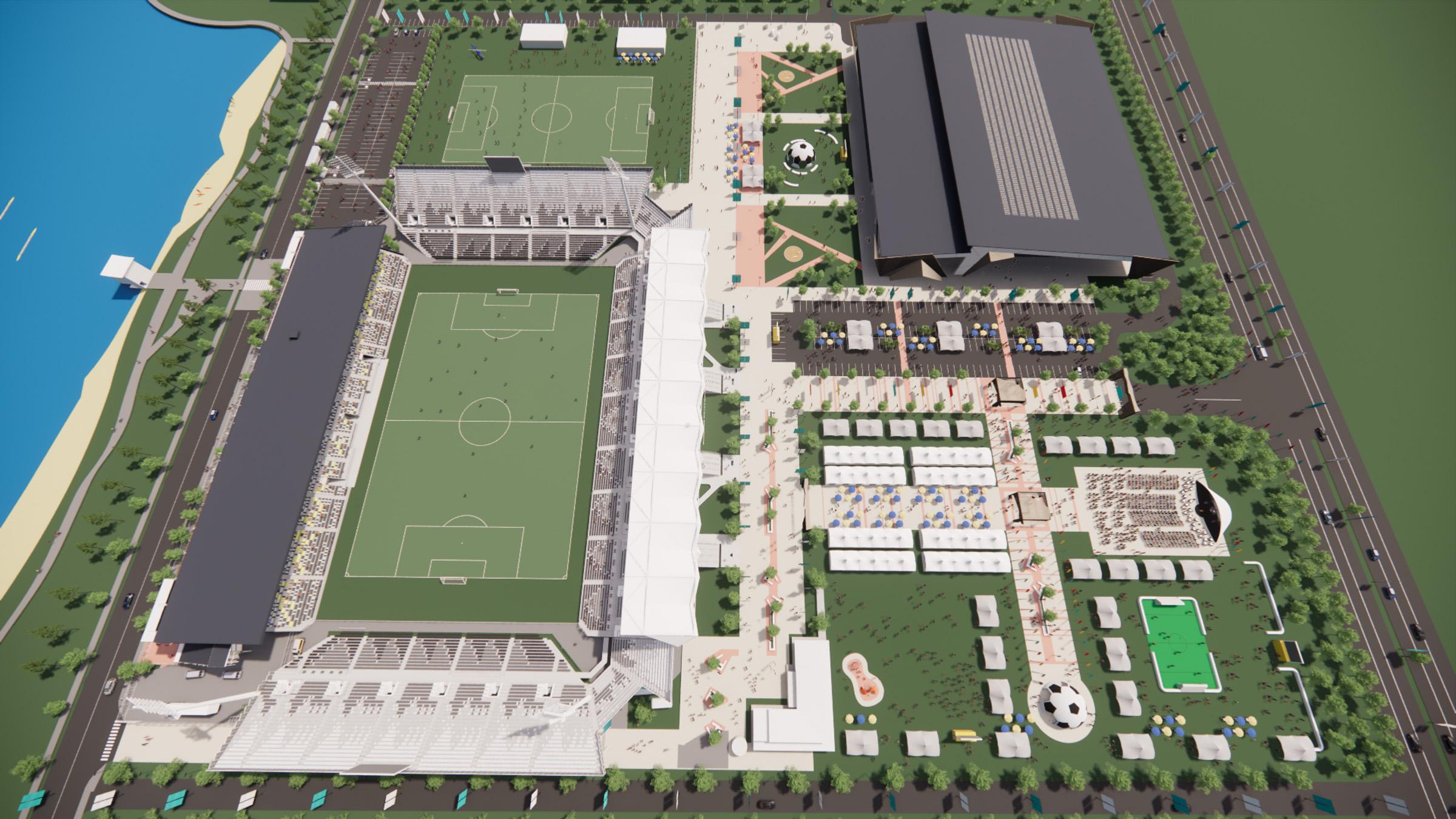 Computer-render of Kawana Sports Precinct, including outdoor and indoor facilities and soccer fields