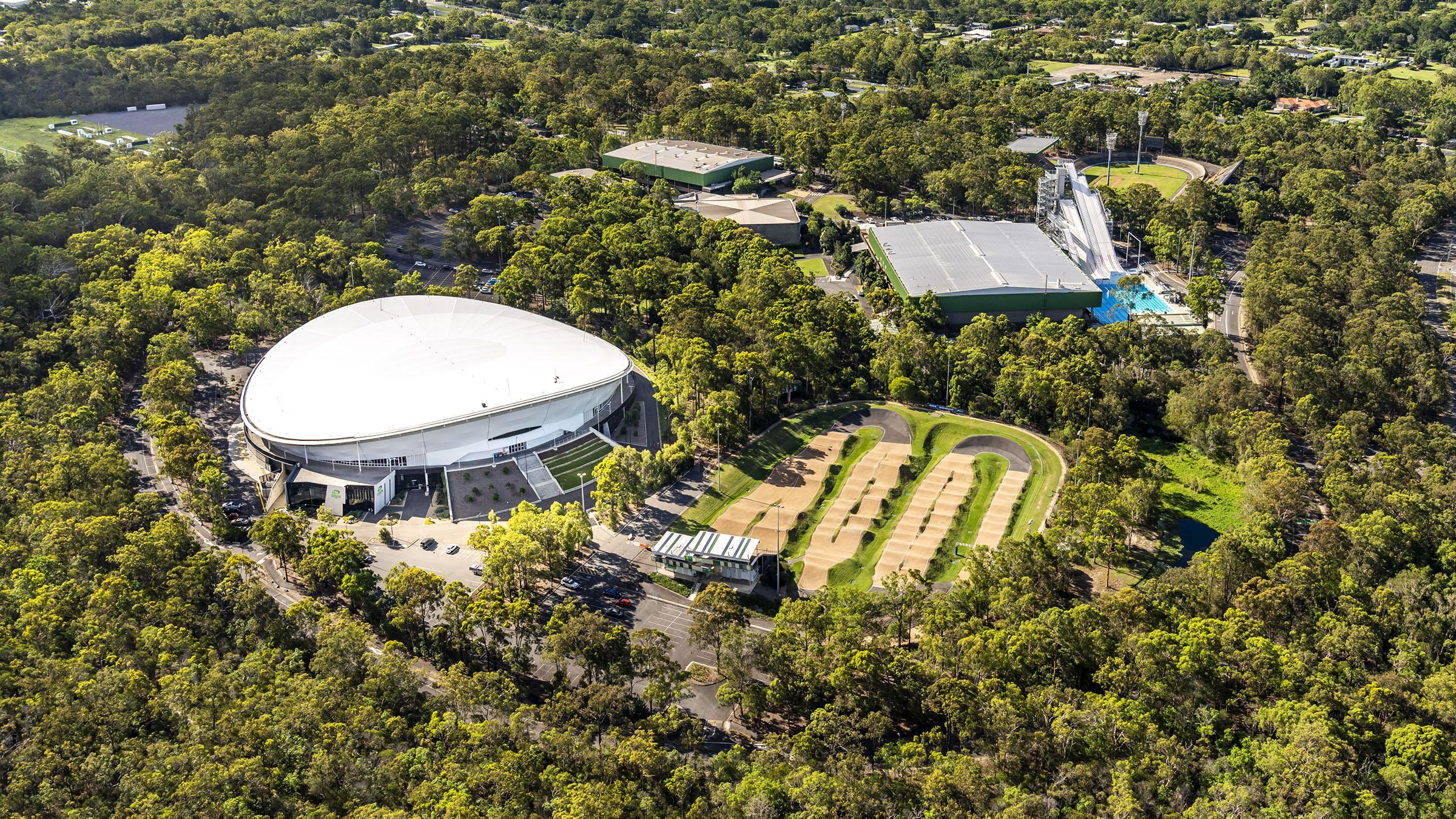 Aerial view of Sleeman Sports Complex and surrounding forest