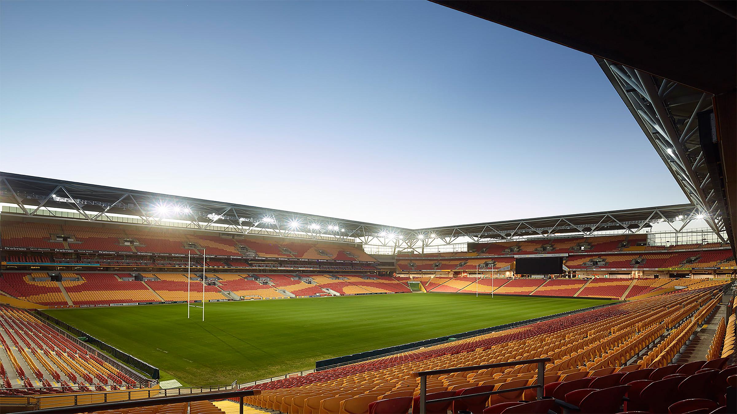 Inside corner view of empty Suncorp stadium in the afternoon