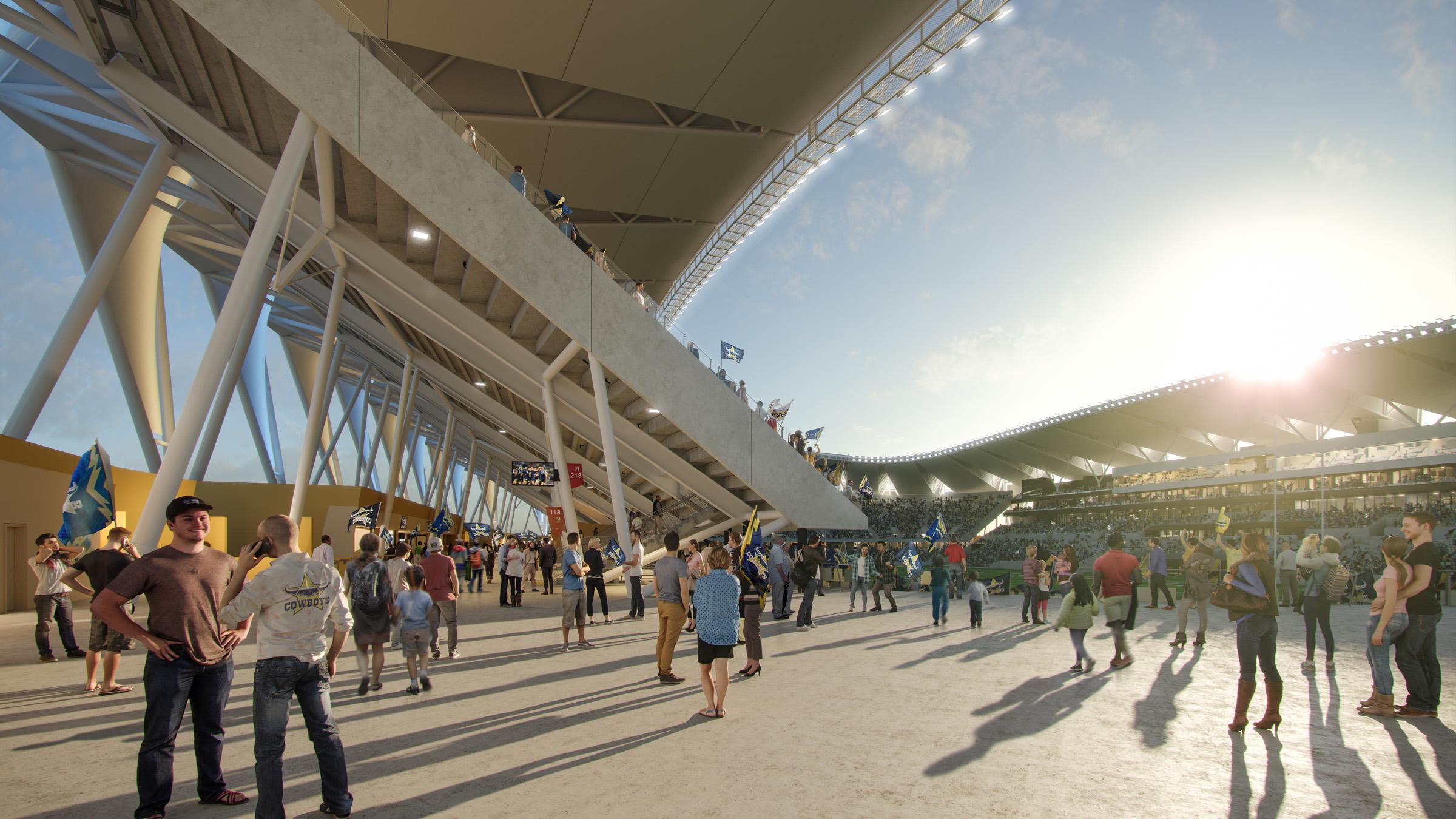 Computer-rendered ground view of Townsville Stadium, with people walking around the arena