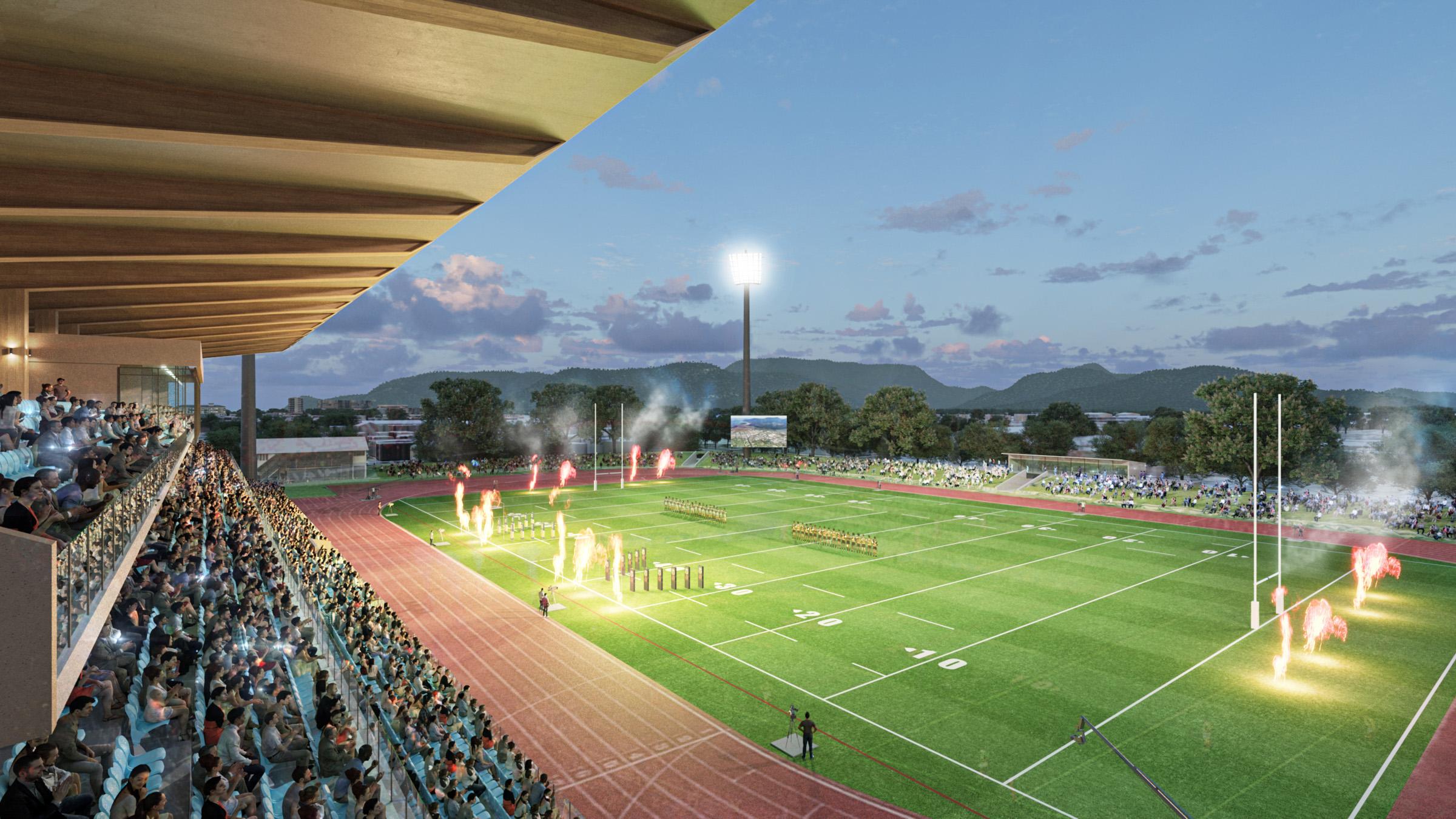 Computer-render of Barlow Park Stadium, showing players in the middle of the field and a cheering crowd