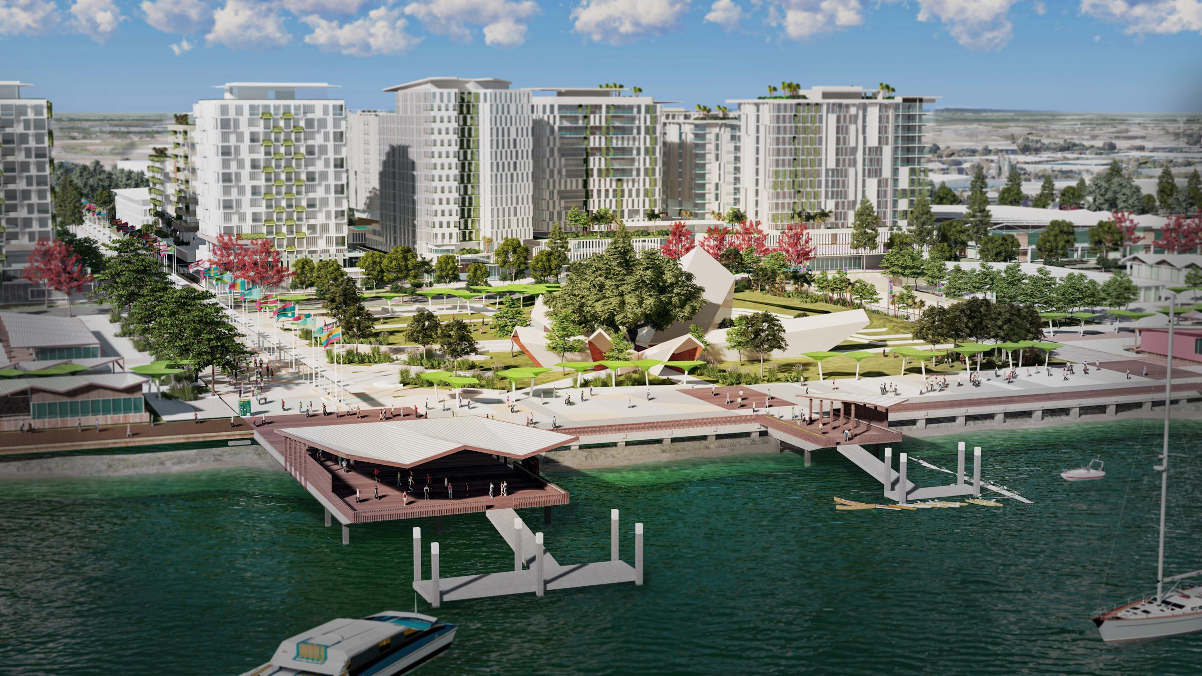 Computer-render of city-cat and boat ramps outside the Brisbane athlete village, with people walking through the park