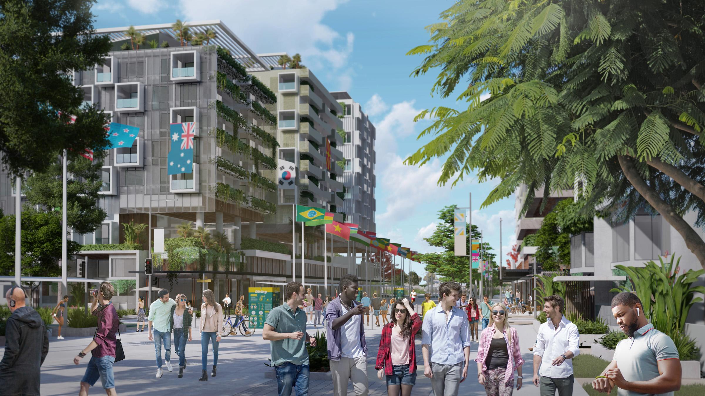 Computer-render of street outside the Brisbane Athlete village decorated with multiple flags with crowds of people walking around