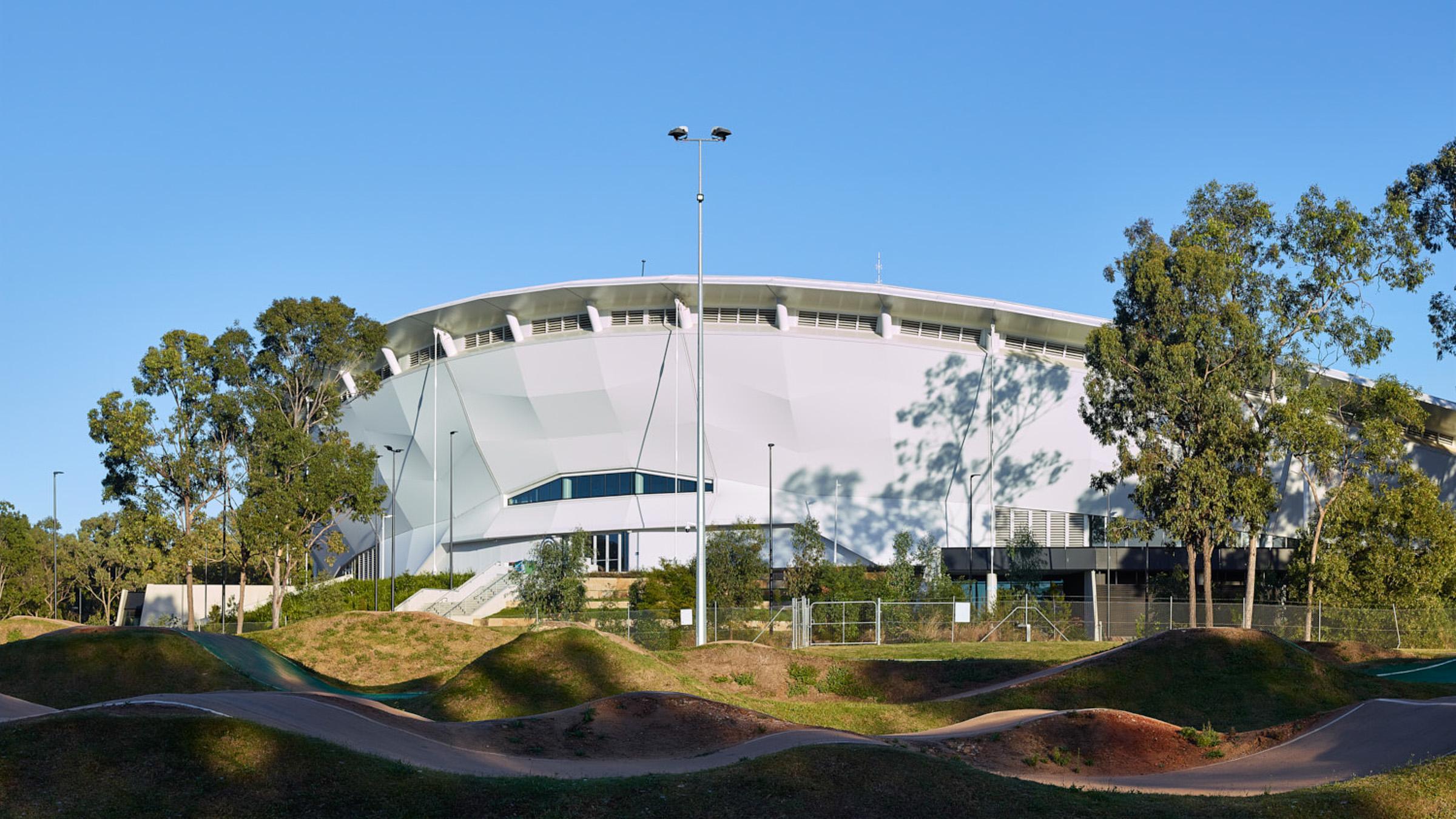 Ground level, outside view of Sleeman Stadium on a bright blue, sunny day